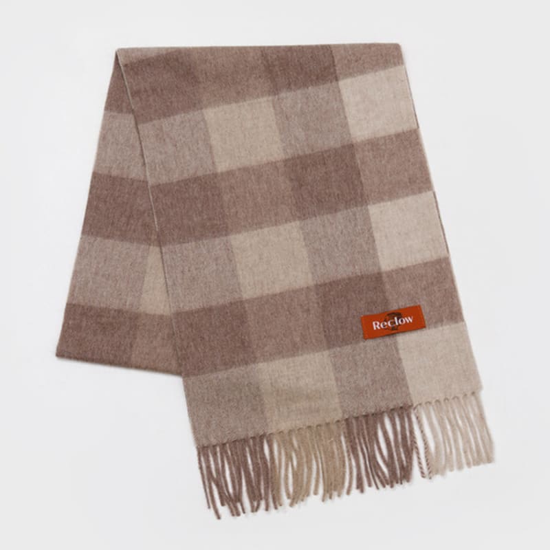 RECLOW ANYONE CHECK wool 100% BEIGE BROWN MUFFLER