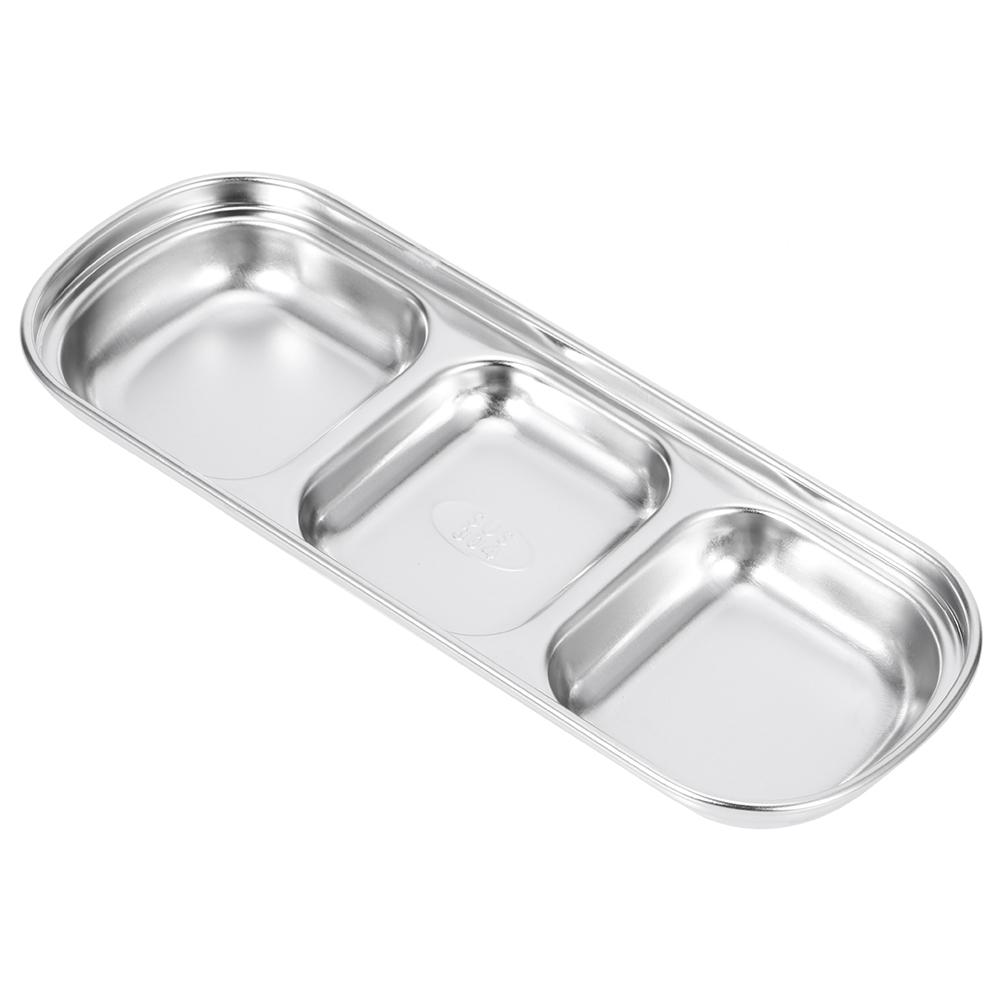 Stainless Steel Sauce Dish Seasoning Dish Snack Plate Divided Food Dipping Bowl Kitchen Tableware3 Grids