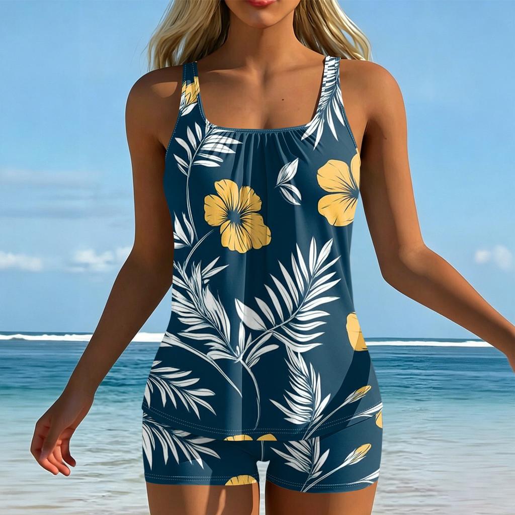 Women’s Printed Tankini Two Piece Swimsuit Set with Sleeveless Top and Boyshorts Athletic Swimwear for Beach Pool