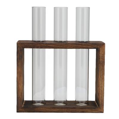 Tabletop Glass Tube Vase High Borosilicate Glass Pine Wood Frame Retro Tube Plant Vase for