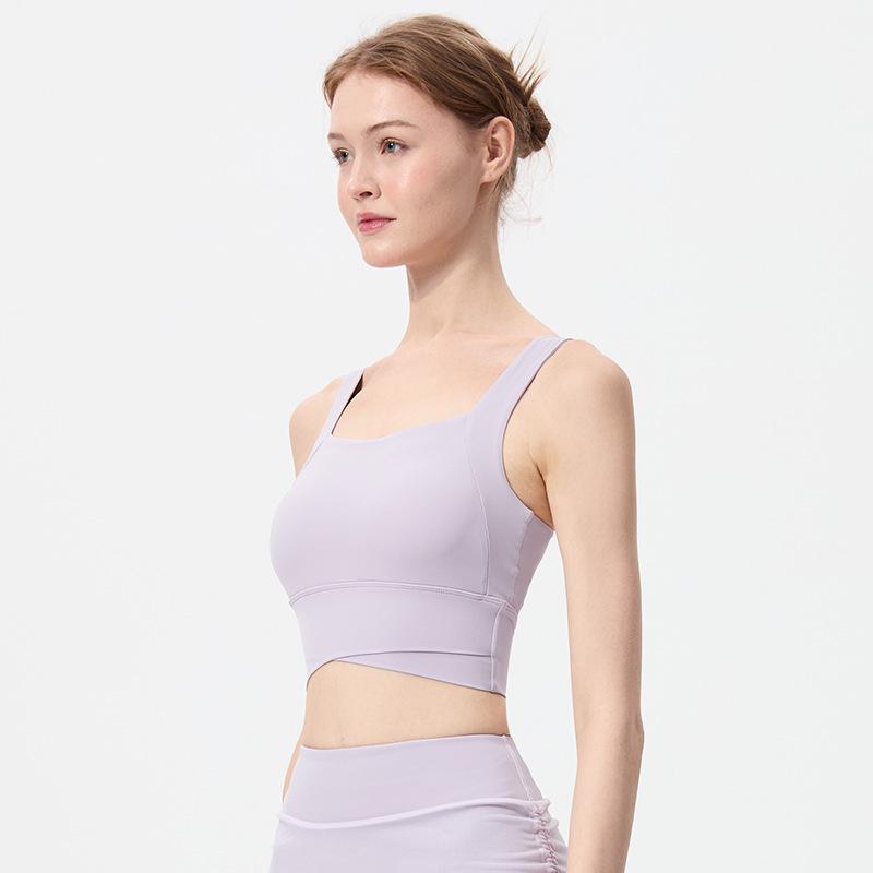 Nude Feel Cross Back Shockproof Women's Sports Bra - Fixed Cup Fitness & Running Vest for High-Intensity Workouts