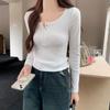 White Half-open Collar Button-down, Long-sleeved T-shirt for Women, Autumn Design, Niche, Non-waist Inner Layering, Bottoming Shirt Top
