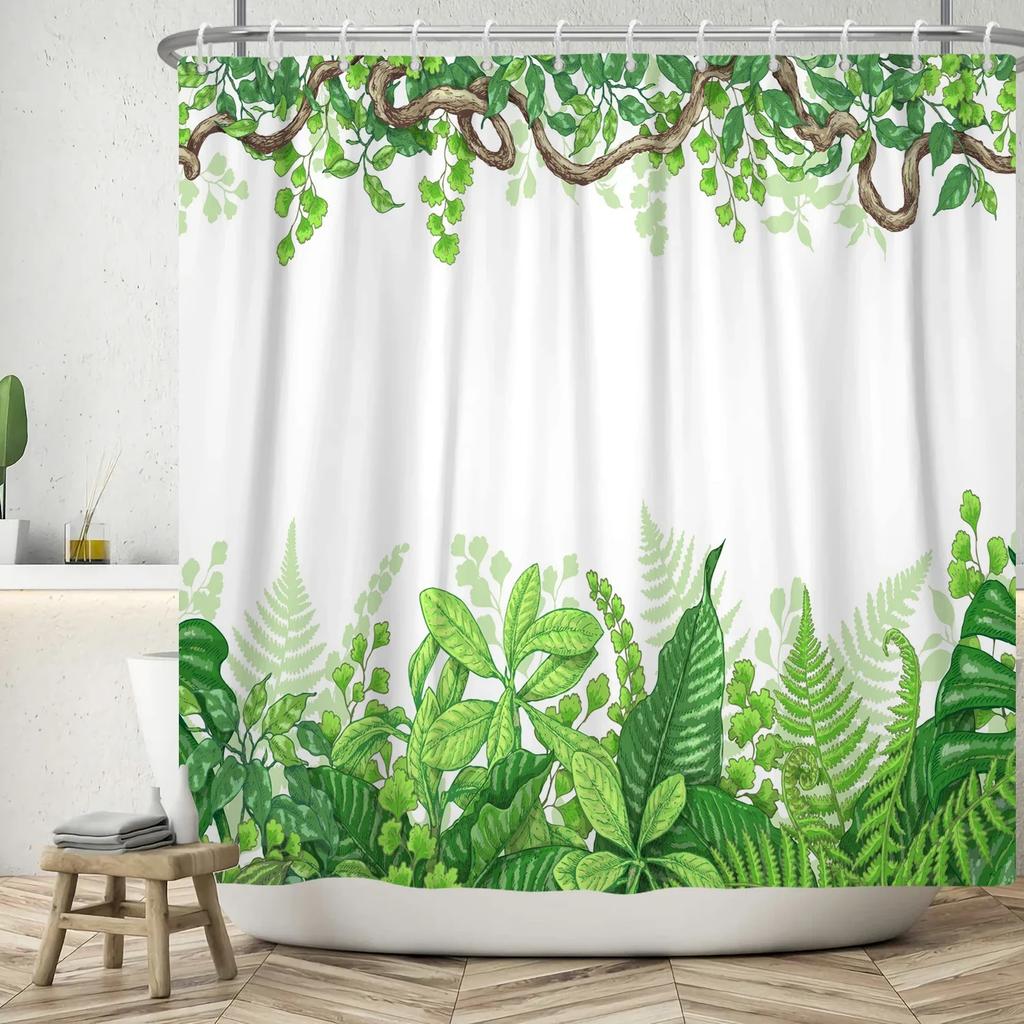 Green Eucalyptus Leaves Plant Shower Curtain Watercolor Leaf Floral Flower Boho Waterproof Bathtub Bathroom Shower Curtain Decor