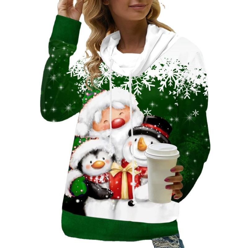 

YYFS Женская мода Повседневный Санта-Клаус Снеговик Принт Осень Зима Длинные рукава С капюшоном Пуловеры и Длинные рукава XXXXXL зелёный