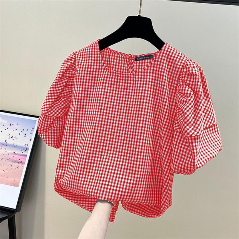 ZANZEA Women Casual O-neck Short Sleeve Plaid Print Blouse