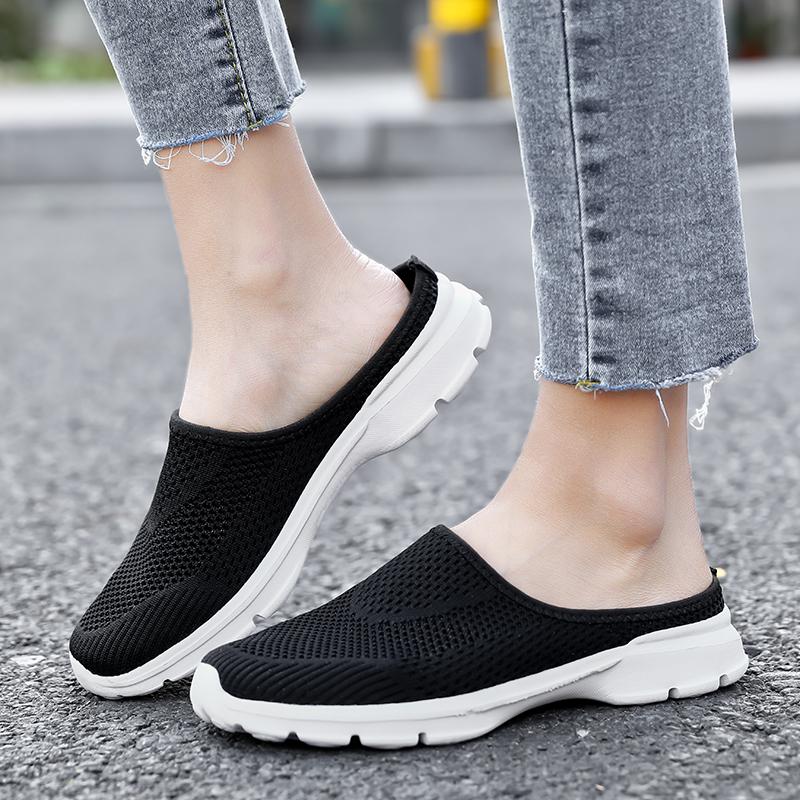 Unisex Slip-on Flats Round Toe Half Slippers Knitted Mesh Walking Shoes Lightweight Big Size 35-48 Leisure Shoes Anti-slip