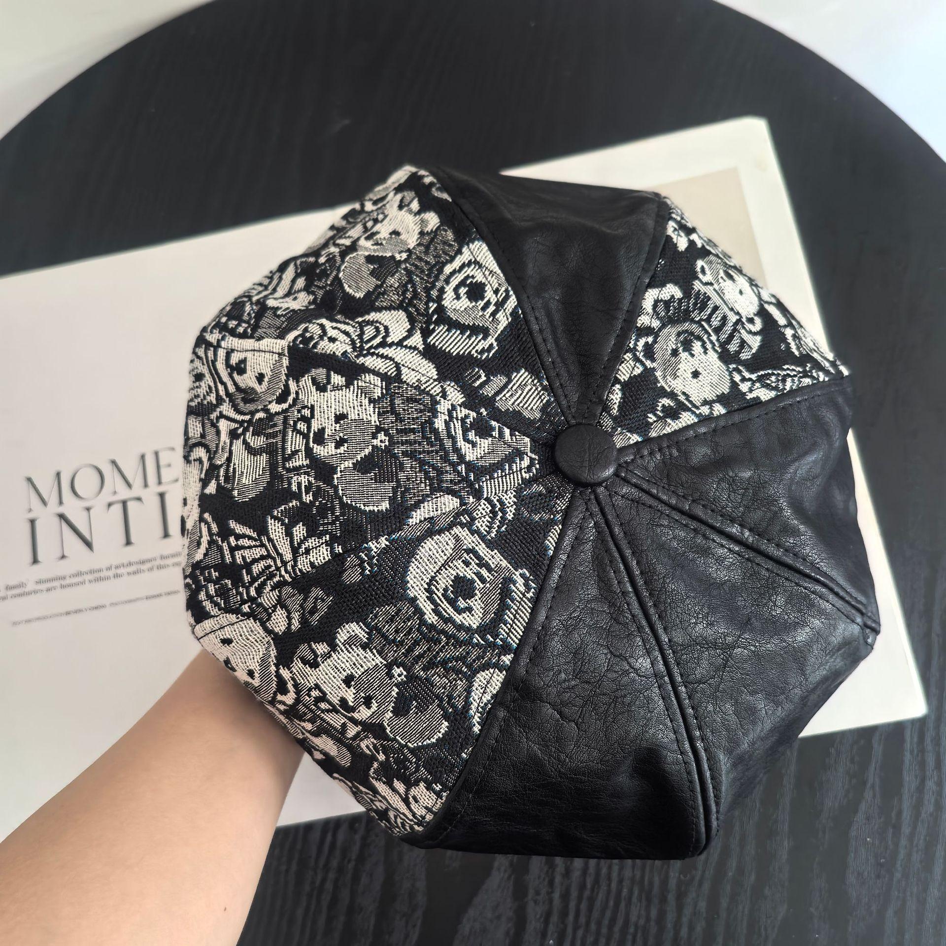 

Spring and Autumn new octagonal hat big head circumference wholesale cute PU splicing small energy beret children M（56-58cm） чёрный