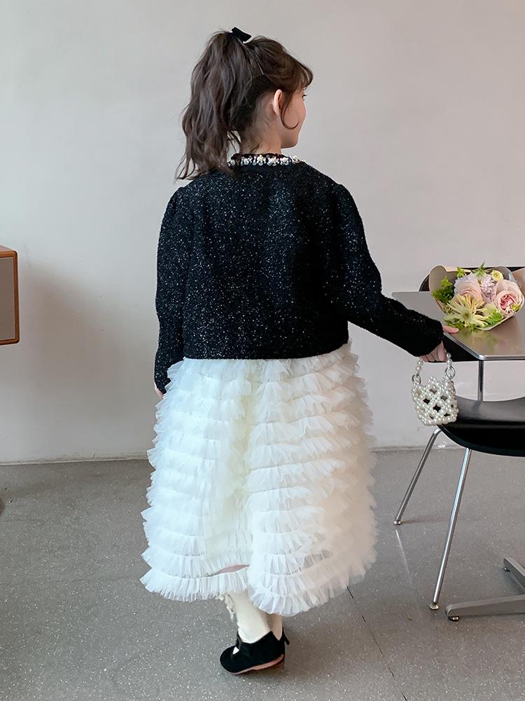 Girls' Autumn Pearl Collar Mesh Vest Princess Dress Set - 2025