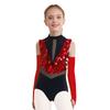 Kids Dance Leotard with Gloves Mock Neck Cutout Back Sparkling Sequins Color Block Performance Outfit