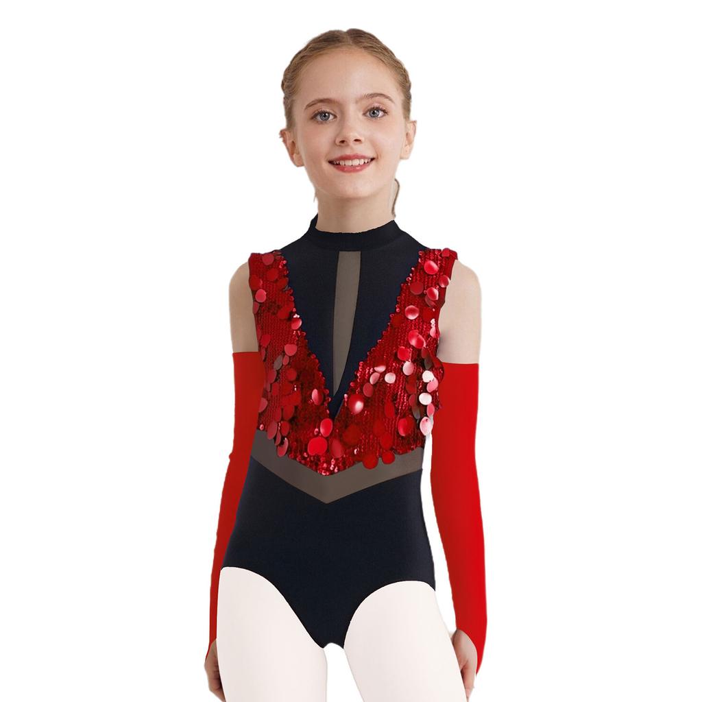 Kids Dance Leotard with Gloves Mock Neck Cutout Back Sparkling Sequins Color Block Performance Outfit