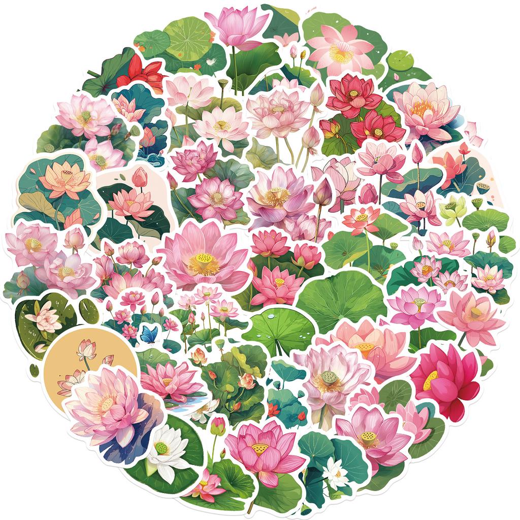 50 Cartoon Pink Lotus Doodle Stickers Decorative Ipad Suitcase Notebook Diy Waterproof