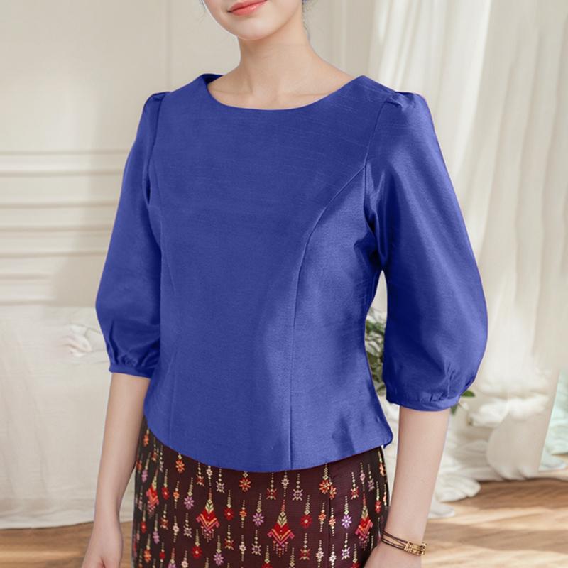 

ZANZEA Женская однотонная повседневная блузка с круглым вырезом и рукавом 3/4 5XL темно-синий