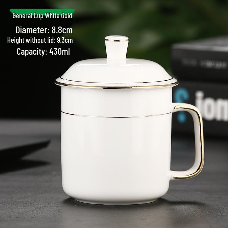 Hotel Guesthouse Ceramic Tea Cup with Lid and Gold Rim - White Conference & Office Cup for Business Reception 401-500ml