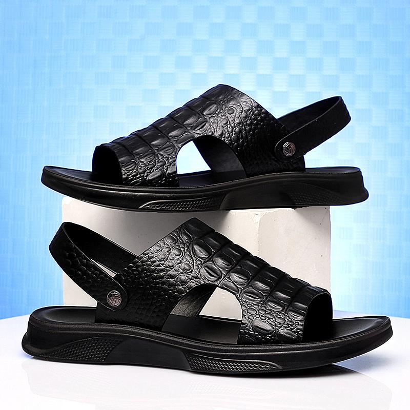 Fashion Men's Beach Shoes Crocodile Pattern Sandals High Quality  Leather Non-slip Men Slippers Breathable Two Uses Men's Sandals Shoes