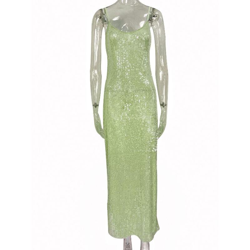 Explosive Sexy Suspender Backless Slim Sequin Dress Long Dress S
