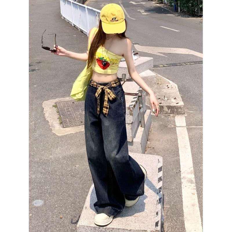 

Plaid Patchwork Bowknot High-Waisted Retro Loose Wide-Leg Jeans for Women Small
