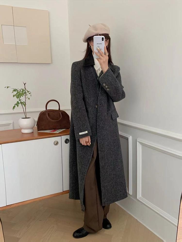 

Autumn and winter new lapel splicing extended high-end sense slim herringbone double-sided wool coat M