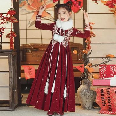 Velvet Princess Hanfu Dress: Autumn/Winter Chinese Style New Year Celebration Outfit for Girls