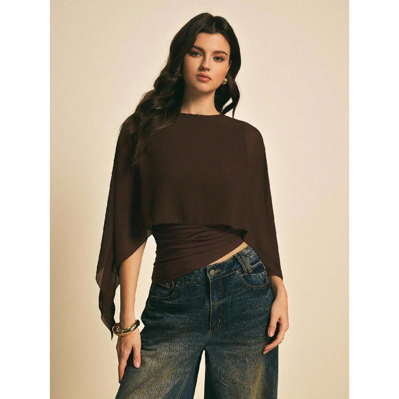 2026 Women's Cape Sleeve T-Shirt Slim Fit Round Neck Chiffon Blouse Elegant Asymmetrical Top