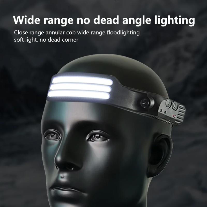 Portable COB Headlamp Sensor LED Head Flashlight Rechargeable Red and White Yellow Light Modes Outdoor Fishing Camping Lantern