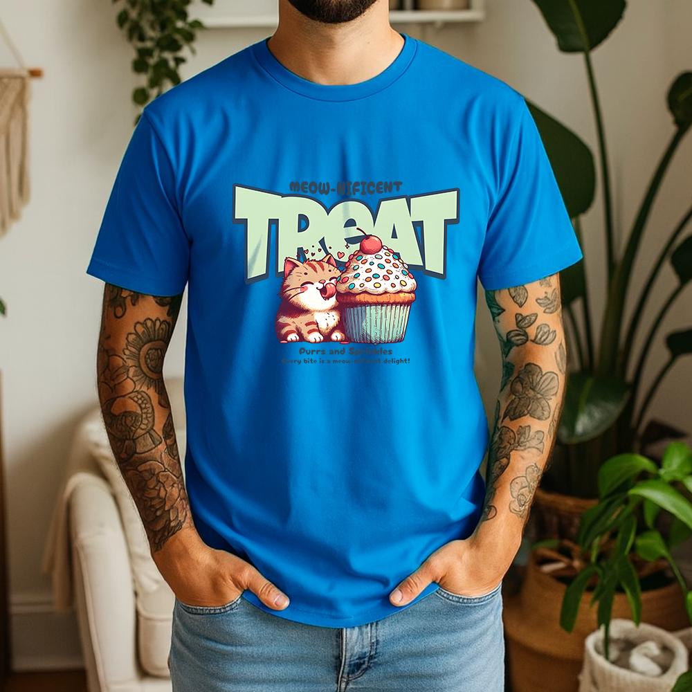 New Summer Unisexs 100 Cotton TShirt Retro Cat With Cupcake Casual Breathable Short Sleeve Daily Wear