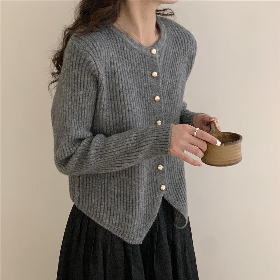 Solid Color Round Neck Irregular Hem Top Spring and Autumn Design Sense Retro Chic Knitted Sweater Women's Simple Fashion