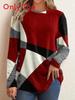 Springwish Geometric Colorblock Long Sleeve Tee For Casual Urban Women
