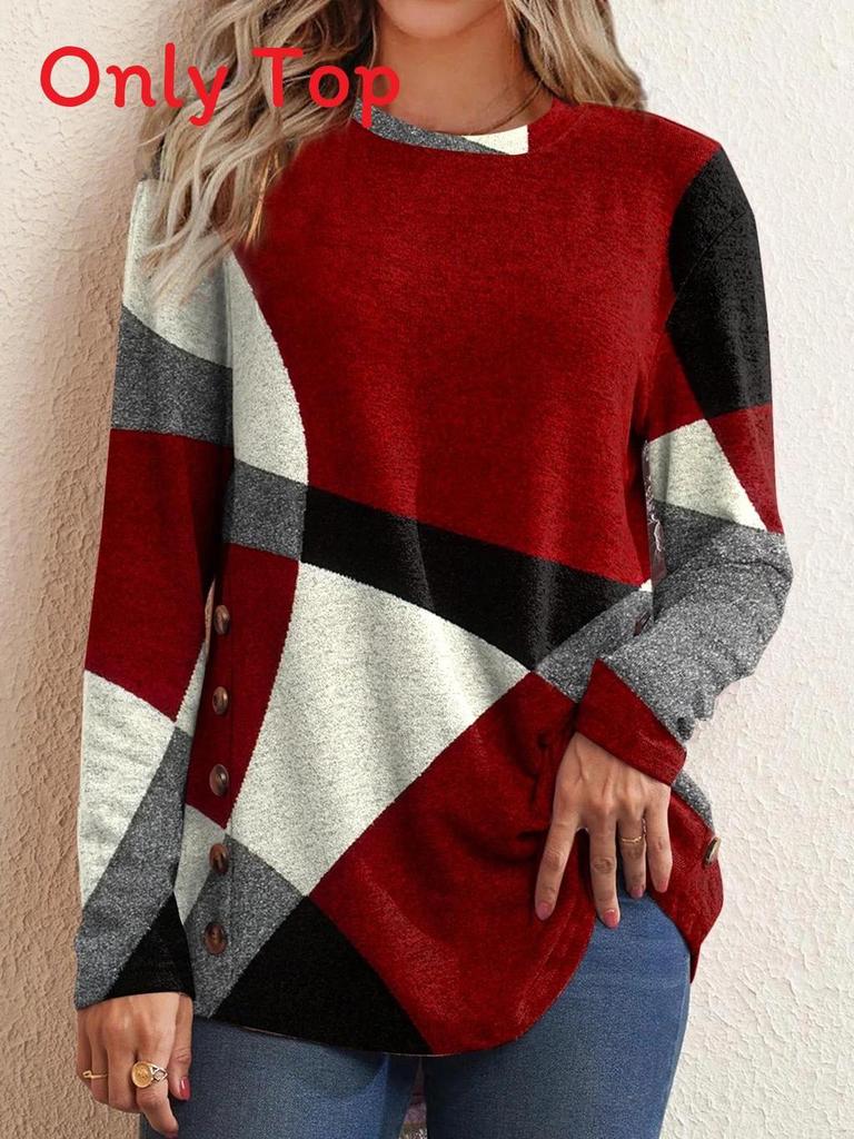 Springwish Geometric Colorblock Long Sleeve Tee For Casual Urban Women