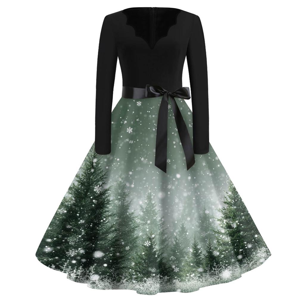 Vestido Feminino Moda Decote V Ajuste Relaxado Estampa de Natal Manga Longa