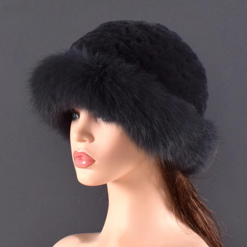 Women Real Fur Hat Rabbit Fur and Fox Fur Protection Ear Fluffy Beanies Fashion Knitted Cap Warm Winter Fur Hats for Women Ski