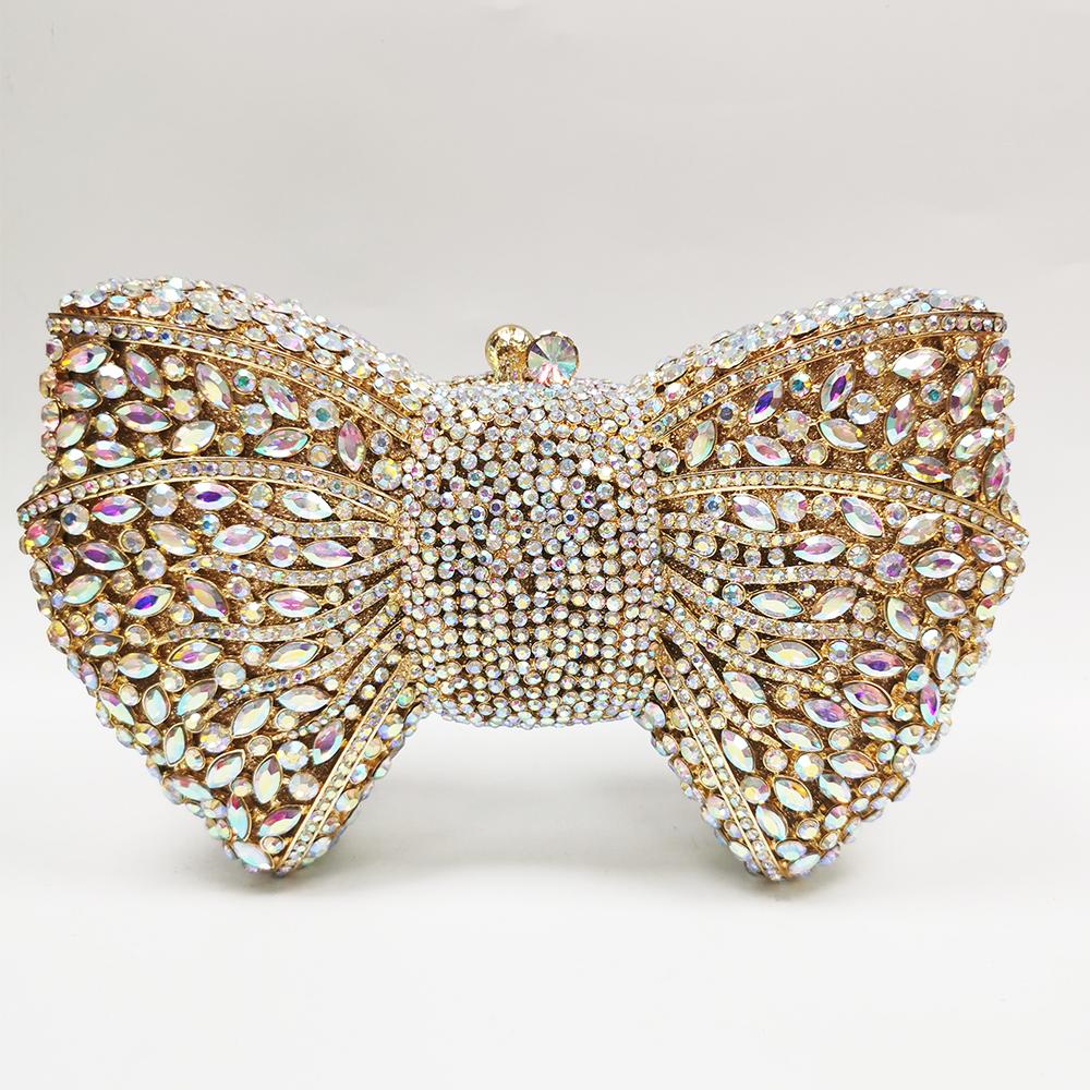 Green Bow Rhinestone Evening Bag Gold Hard Metal Crystal Wedding Handbags Bridal Party Cluches Diamond Women Cocktail Purses