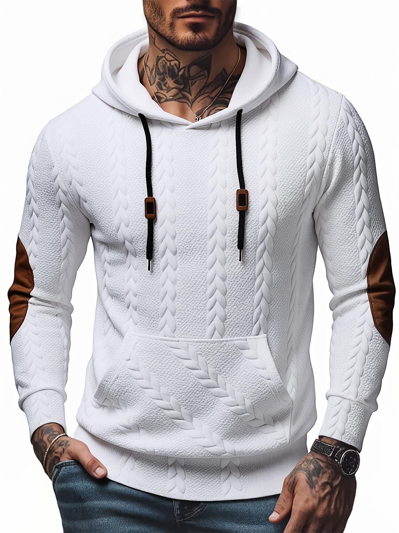 

Чоловічий светр з фактурної тканини: 2025 Європейська Осінь/Зима, З капюшоном, На шнурку, Пейчворк, Довгий рукав, Кишеня, Однотонний XXXL білий