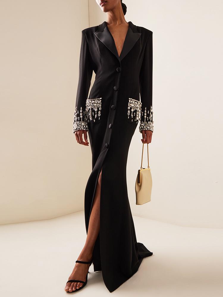 2026 European & American Star Fashion Beaded Rhinestone Lapel Mermaid Evening Gown
