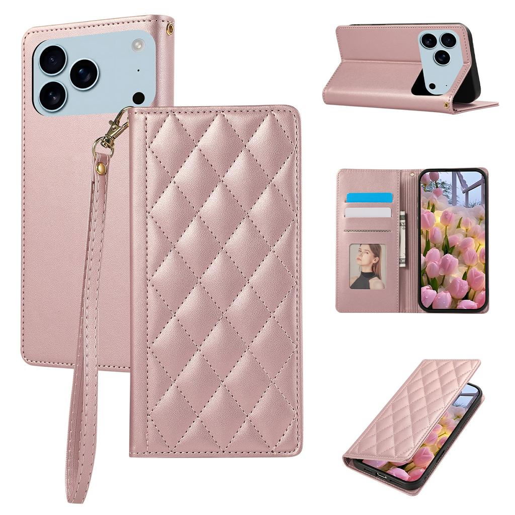 For iPhone 17 Pro Case RFID Blocking Wallet Stand Rhombus Leather Phone Cover with Wrist Strap