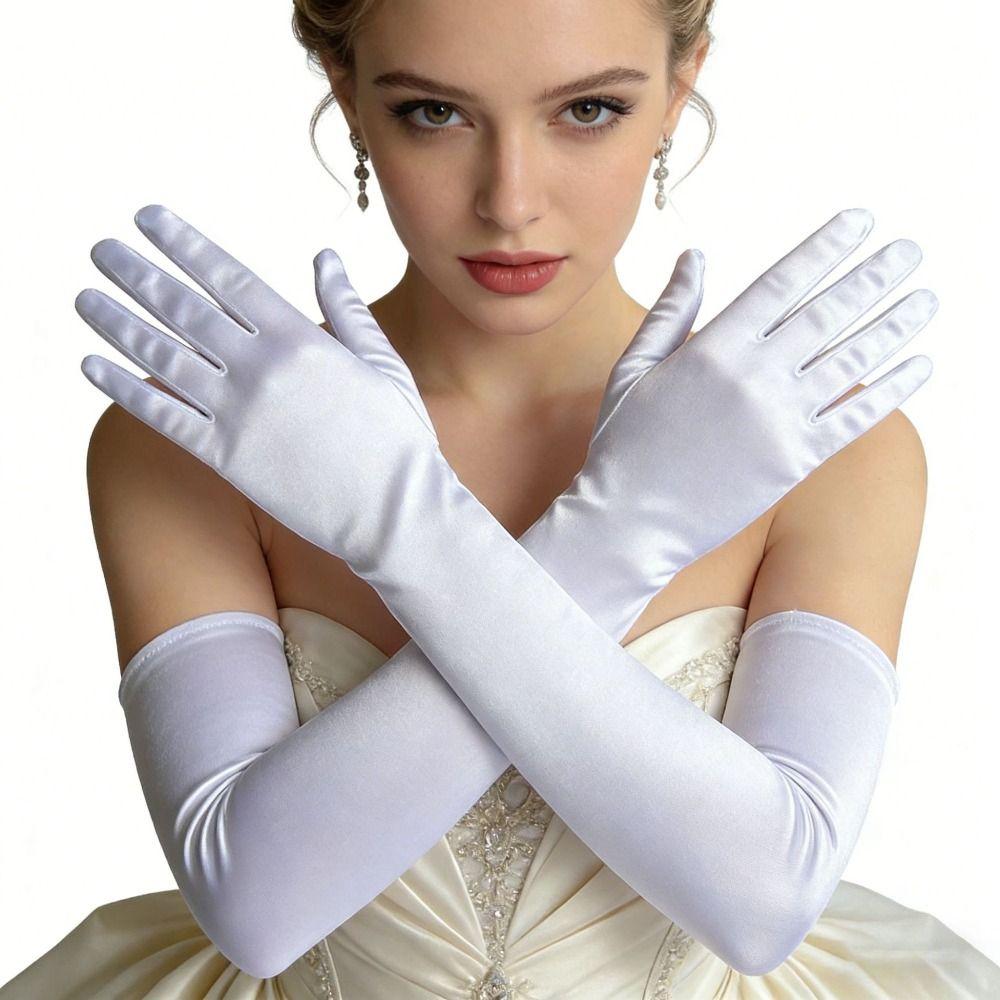 Full Finger Long Gloves Solid Color Etiquette Mittens Shiny Satin Gloves Cosplay Accessory