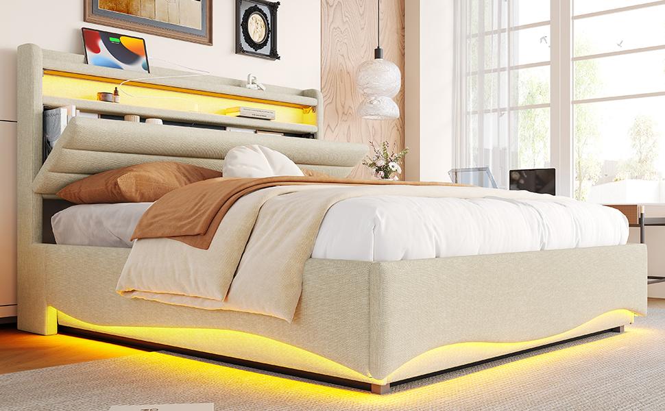 Upholstered Bed, 140 x 200 cm, without Mattress, LED Lighting, Hydraulic Mechanism, USB and Type-C Ports, Storage Compartment, Linen Fabric, Beige
