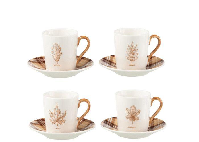 Coffret 4 Tasses à Café en Céramique + Sous-Tasse motif Feuille dorée