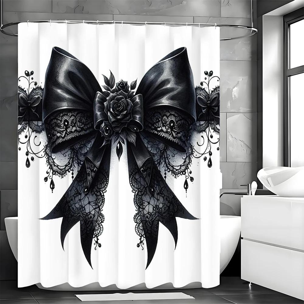 Black Bow Floral Shower Curtain, Bathroom Decorative Shower Curtain, Waterproof Shower Curtain With Hooks