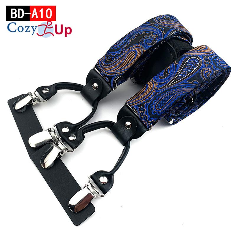 Suspensórios masculinos adultos em forma de Y com 6 clipes em tecido jacquard de couro com alça traseira elástica ajustável com ganchos giratórios e tiras elásticas nas costas em Y