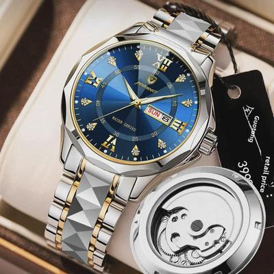 FOURRON Men's Luminous Waterproof Diamond Watch with Steel Bracelet and Imitation Mechanical Design