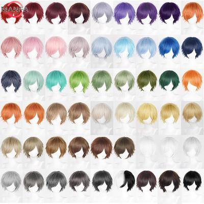 Anime 30cm Kort Recht Cosplay Pruik Zwart Wit Groen Bruin Paars Blauw Grijs Rood Goud Man Vrouwen Hittebestendig Synthetisch Haar