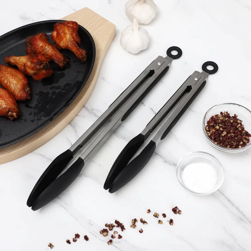 Silicone Tongs Set 2PC Stainless Steel Kitchen Utensils Heat Resistant Non-Stick Soft Grip Locking Dishwasher Safe Cooking Tools