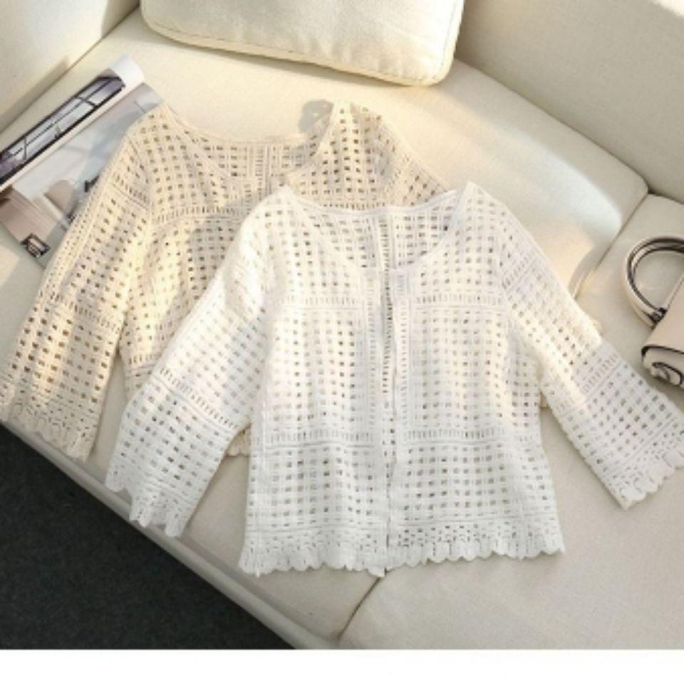 Minimally Short Shawl Hollowed Out Knitted Sweater for Spring and Summer Thin Seven Quarter Sleeve Slim Fit Cardigan for Women with Air Conditioning