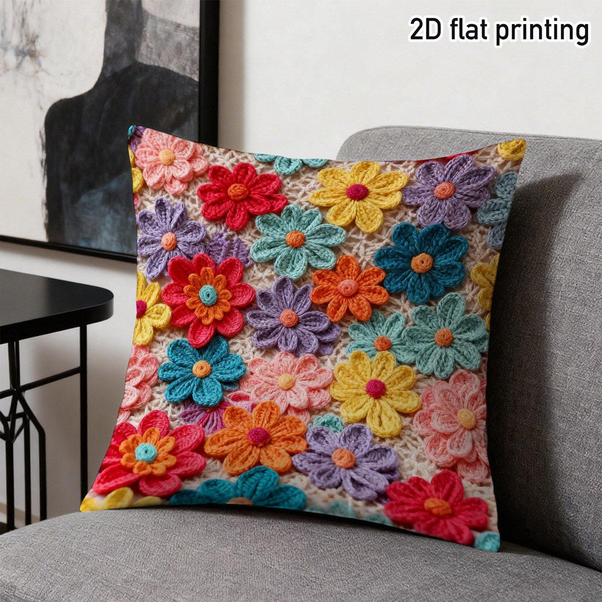 Exquisite Ornaments Unisex Boho 2D Crochet Flower Throw Pillow Cover Colorful Knitted Floral Print Decorative Cushion Case For Aesthetic Home Decor Gift