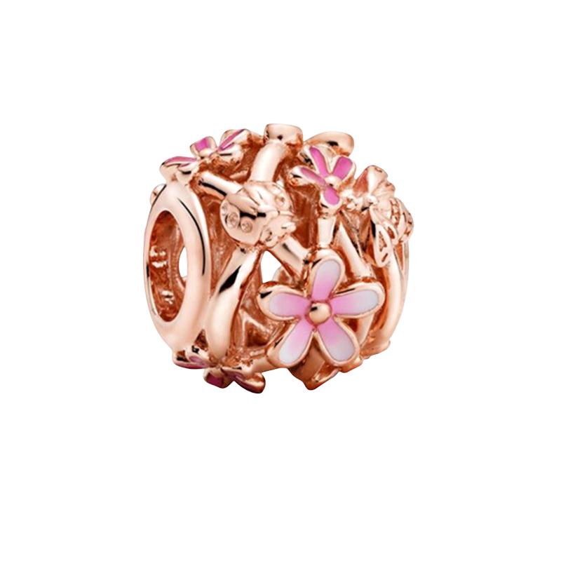 Original Charm Beads,Rose Gold Series,Pink Daisy&Openwork Pink Daisy Flower Charm Beads Fit Pendant Bracelet Women Jewelry Gift