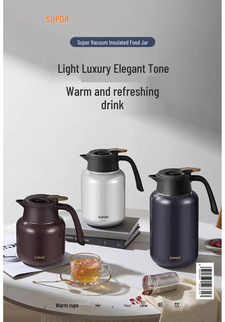 Supor Insulated Kettle: Home Use, Long-lasting Heat, Tea Separation, Double-Layer Chamber, Stewing & Brewing Functions.