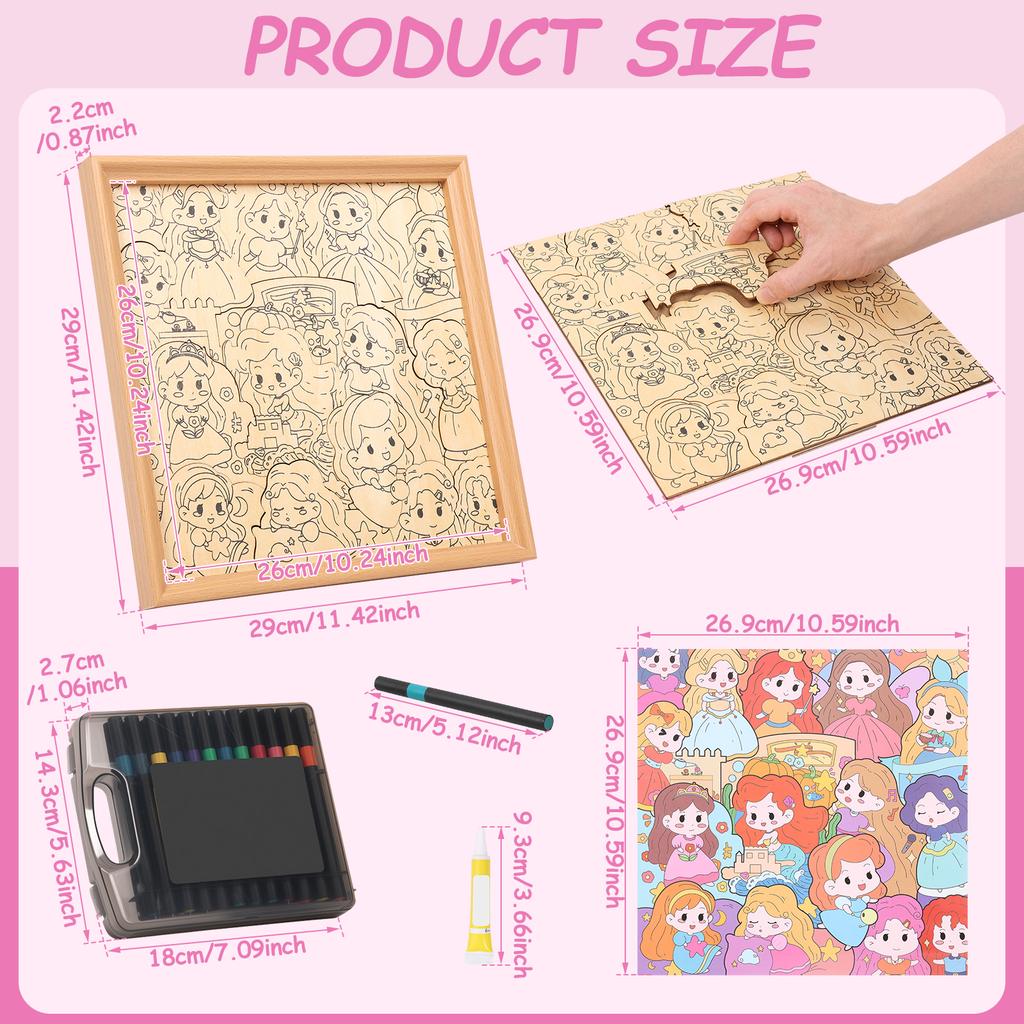 Creative Coloring Puzzle Princess/Cat Puzzle Wooden Princess Puzzle Frame DIY Set with 24 Color Marker Pens for Home Decoration
