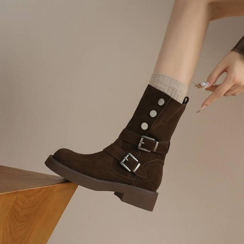 Autumn and winter rubber thick-soled large-size women's boots side zipper leather knight boots round head versatile new cow flip medium boots