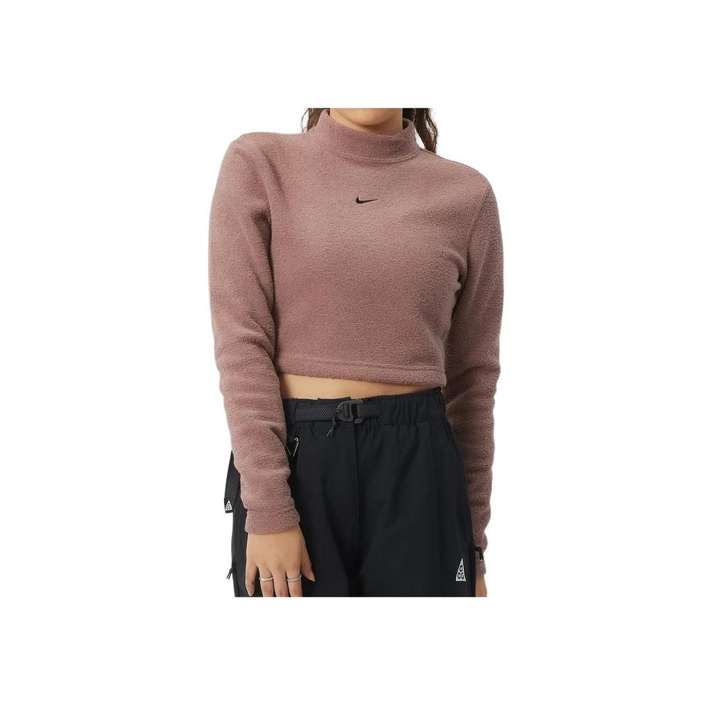 Nike Sportbekleidung Phoenix Plüsch Einfarbig Halbochgeschnittener Kragen Fleece Kurzarm T-Shirt Damen Tops Rauchgrau Purpurrot FN3620-208
