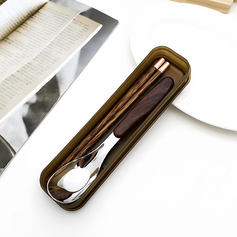 Wood Grain Handle Stainless Steel Spoon Japanese Style Travel Flatware  Camping розового золота
